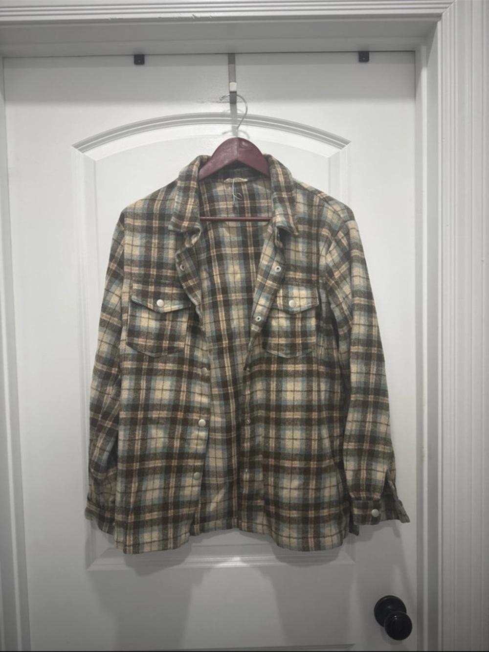 Kori Plaid Utility Shacket in Beige, Brown & Olive